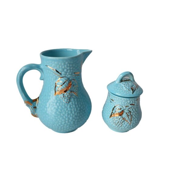 Vintage Wade Golden Turquoise Large Milk Pitcher & Covered Sugar Bowl England - Picture 6 of 8